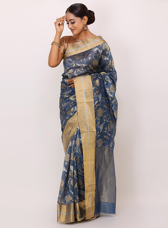 Buy Chidiyaa Reya Cotton Saree - Akash with Unstitched Blouse online